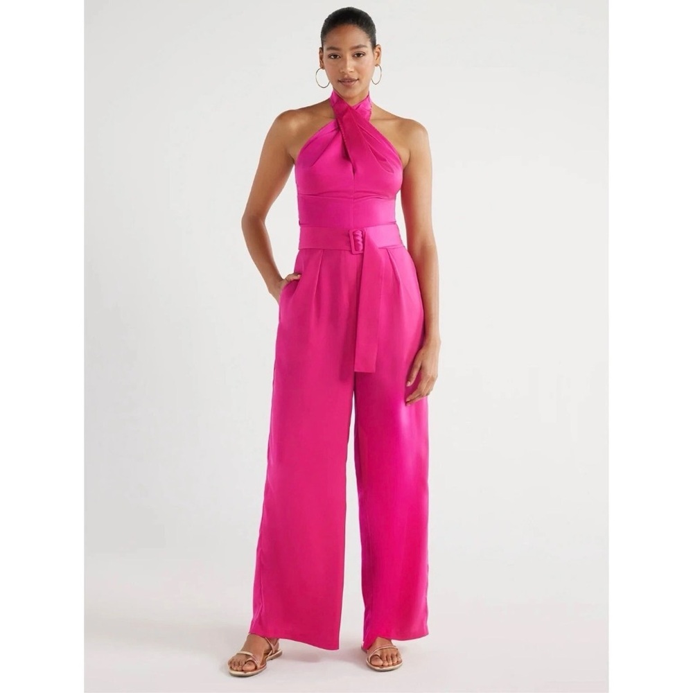 Scoop Women’s Wrap Halter Satin Jumpsuit and Wide Leg 32” Inseam Large